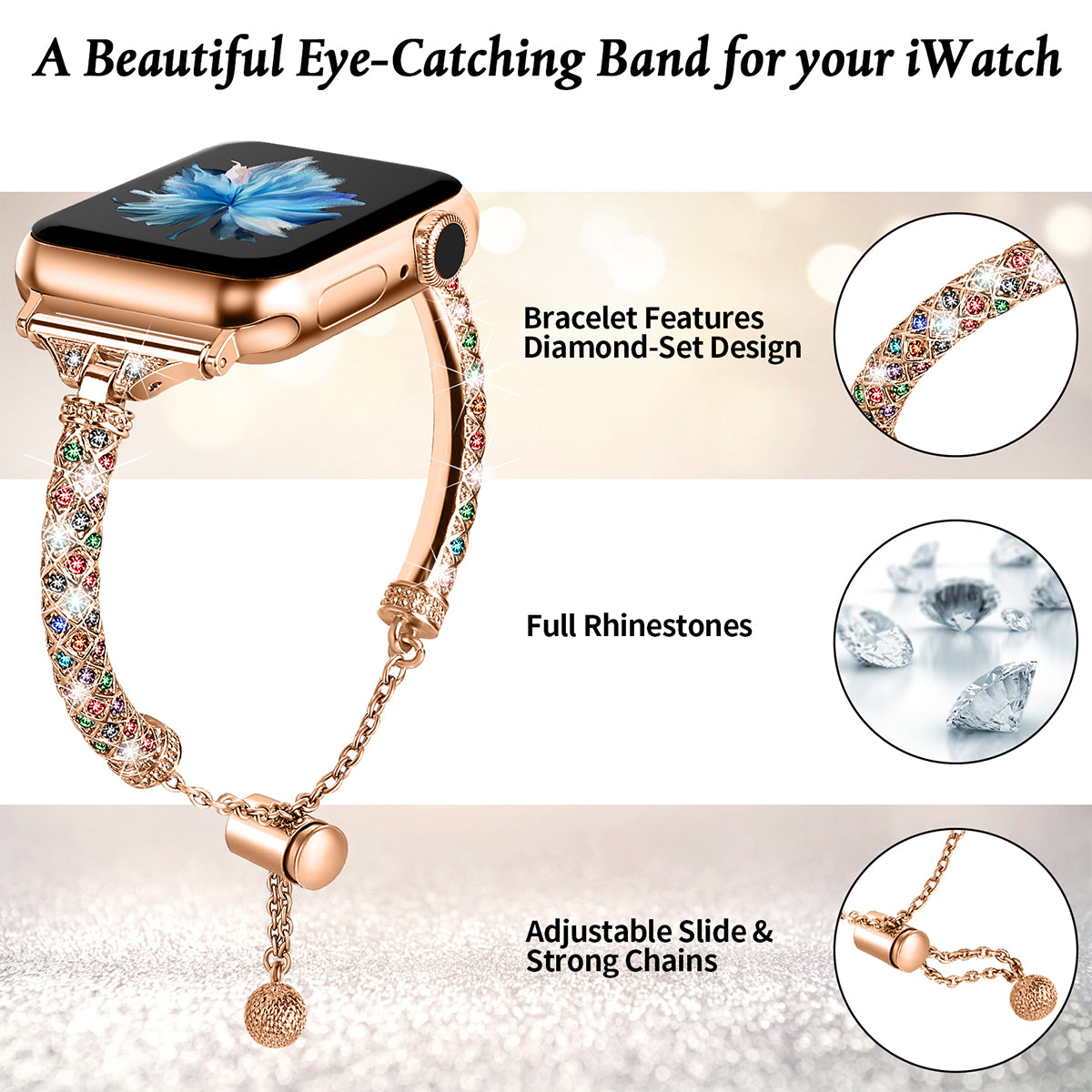 Watch Band for Apple Watch Series 9 8 7 41mm 6 5 4 SE SE (2022) SE (2023) 40mm Series 3 2 1 38mm Rhinestone Decor Copper Bracelet Watch Band for Apple Watch Series 9 8 7 41mm 6 5 4 SE SE (2022) SE (2023) 40mm Series 3 2 1 38mm Rhinestone Decor Copper Bracelet